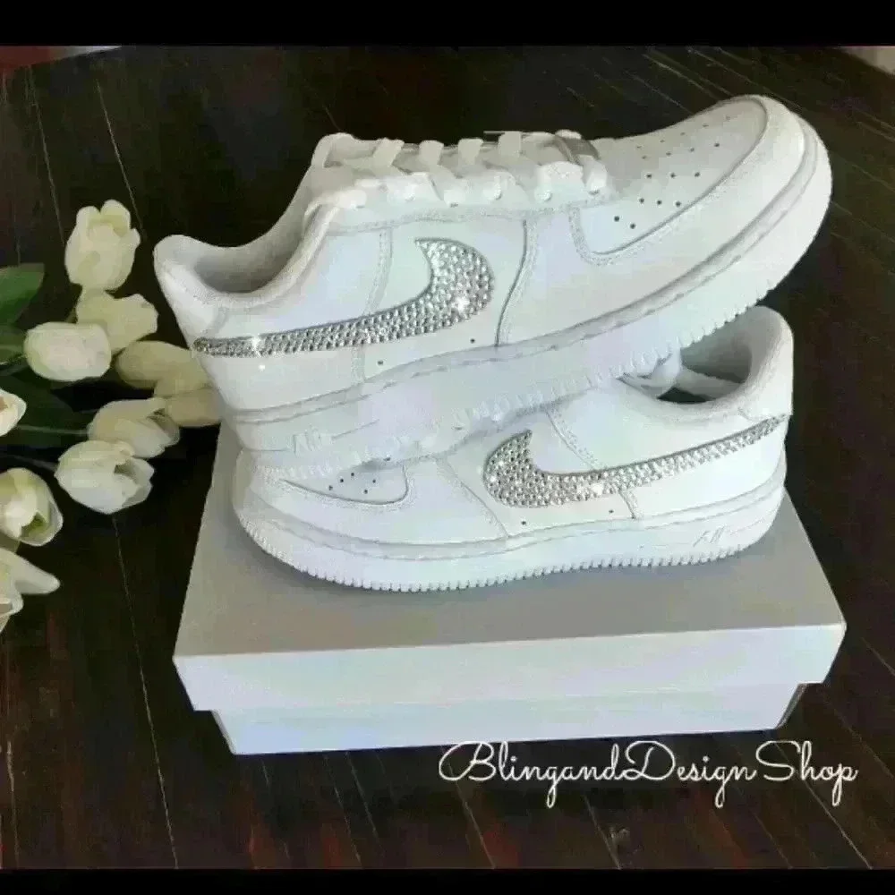 Bling Womens Nike Air Force 1 White Sneakers Shoes made with Swarovski C… - Picture 3 of 8